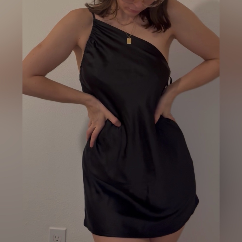Motel Rocks Black Silky One-Shoulder Dress